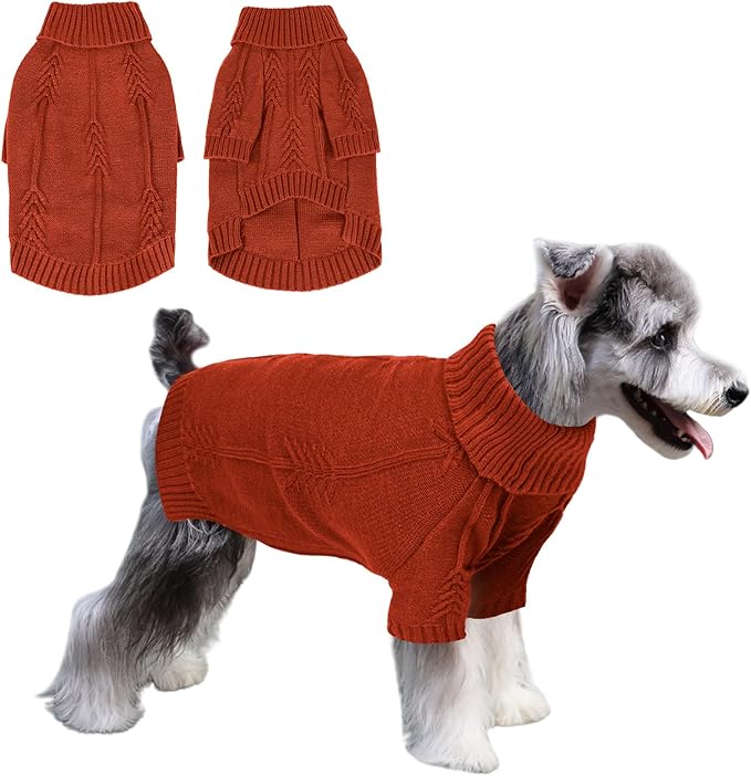DELIFUR Long Sleeve Sweater - Knitted Turtleneck Knitwear Warm Coat With Classic Cable Fall Winter Clothes for Small Dogs (Brick Red, Large)