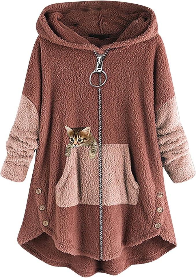Akivide Women's Oversized Zip Up Sherpa Hoodie Fuzzy Fleece Jacket Cat Kitty Print Lightweight Faux Shearling A Line Coat