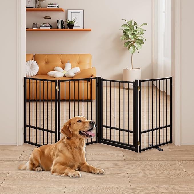 4 Panels Full Metal Freestanding Dog Gates with Door, 80” W x 32” H Folding Pet Gate Fence with Support Feet for Indoor,Stairs, Hallways and Doorways(Black)