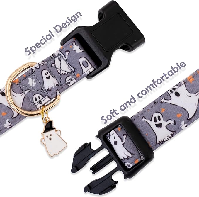 Faygarsle Gray Dog Collar with Ghosts Pattern Fall Autumn Halloween Cute Dog Collar for Small Medium Large Dogs Seasonal Pet Collar for Male Female Puppy Boy Girl Collar para Perros L
