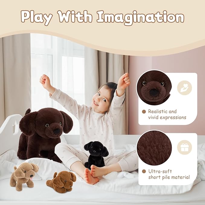 4Pcs Lab Stuffed Animals - 16" Huggable Chocolate Mama Labrador Dog with 3 Hidden Puppies (Black/Yellow/Dark Brown) - Plush Toys Gifts for Kids