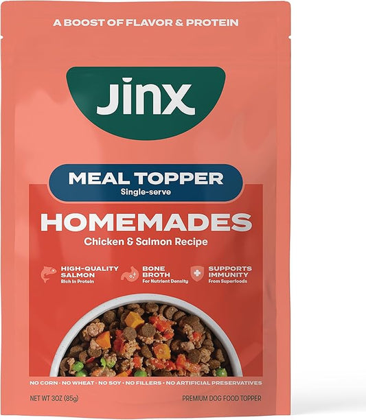 Jinx Salmon Grain Free Wet Dog Food Toppers, Meal or Mix with Dry Dog Food, Made with Real Salmon & Chicken, Bone Broth, No Fillers, Puppy, Adult, Senior, 3oz, 8 Pack