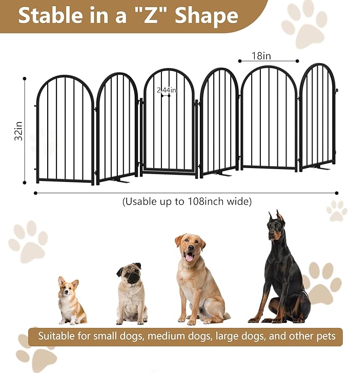 Full Metal Dog Gate with Door for Indoor Outdoor, 32" Tall Free Standing Pet Dog Fence, 108" Extra Wide Pet Gates for Stairs, Hallways, Doorways, Kitchen, Decks, Yards (Black, 6 Panels)