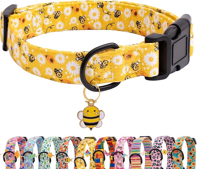 Faygarsle Dog Collar for Small Medium Large Dogs Yellow Puppy Collars for Female Dogs Floral Bee Daisy Patterned Pet Collars for Summer Spring Wedding Puppy Girl Dog Collar L