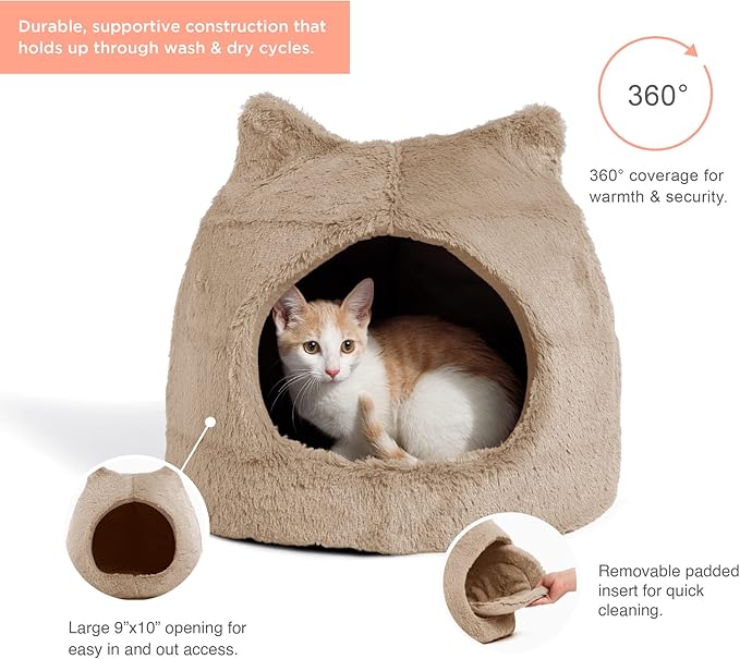 Best Friends by Sheri Meow Hut Fur Dome Pet Bed – Covered Cat Cave for Cats & Small Dogs up to 15 lbs, Faux Fur Hideaway with Water-Resistant Bottom, Machine Washable, Wheat