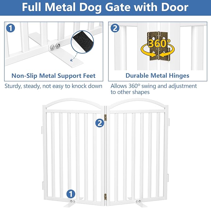 Malier Metal Freestanding Dog Gates with Door, 32'' Height Outdoor Indoor Dog Fences, Extra Wide Foldable Puppy Gate for Stairs (White, 【2 Panels】 40''W × 32''H)