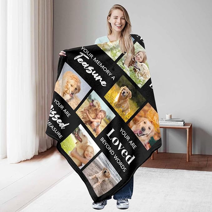 Custom Throw Mermorial Blanket with Dog Cat Pet Pictures & Name, Dog Memorial Blanket Personalized Memory Gift for Family and Friends Customized Bed Throw Blanket Sympathy Remembrance Made in USA