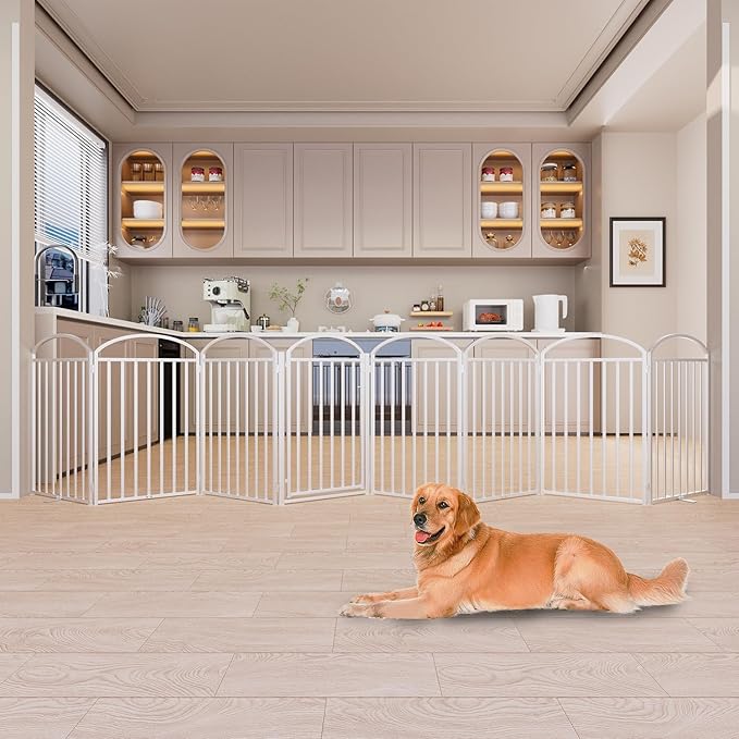 8 Panels Full Matel Freestanding Dog Gates with Door, 192"Extra Wide 36"Tall Free Standing Dog Pet Gate for Indoor & Outdoor. Foldable Pet Fences for Doorways, House, Stairs, Porch, Deck, Yard