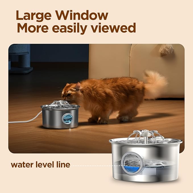 Stainless Steel Cat Water Fountain: 88oz/2.6L Ultra Quiet Pet Fountain with Flower Kitty Spout & LED Blue Light Water Dispenser with Water Level Window for Cats/Dogs Indoor (Silver) - IHOUONE