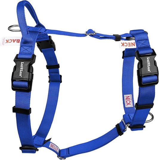 Non Restrictive Large Dog Harness, Easy Walk Freedom No Pull Harness, Keep Balance, Lightweight, Neck Buckle,Back and Front Lesh Clips, Sewn-in Instructions Labels for Easy Use, Blue
