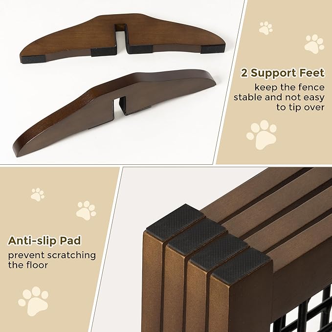Wire Dog Gate Solid Wood Frame, Anti-Chewing, 4-Panel, 36" Height, 80" Width, Indoor Freestanding Pet Gate Foldable Wooden Dog Fences for Stairs, House, Doorway, Walnut Color