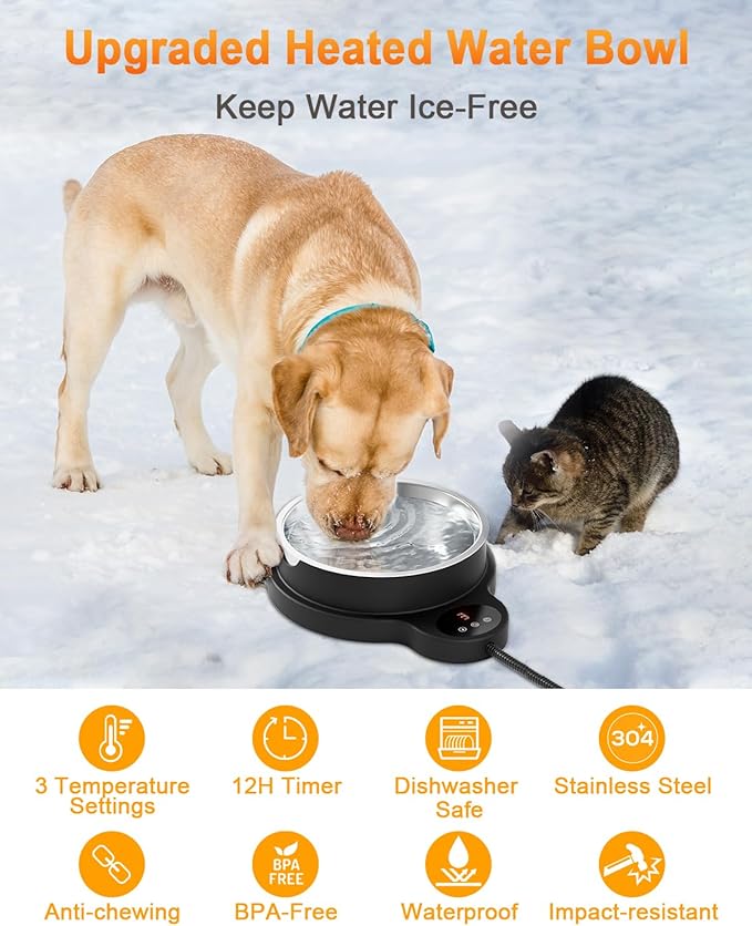 Heated Water Bowl for Dog & Cat, 3 Temperature Settings & 12H Timer, Outdoor Heated Pet Bowl with BPA-Free and 50oz Removable Stainless Steel Bowl, Anti-Chew Cord, for Chickens, Ducks, Birds