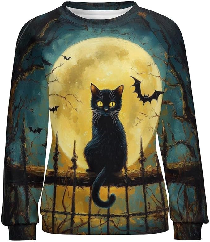 Halloween Sweatshirts for Women Black Cat Print Pullover Crewneck Oversized 2024 Fall Fashion Casual Warm Shirt