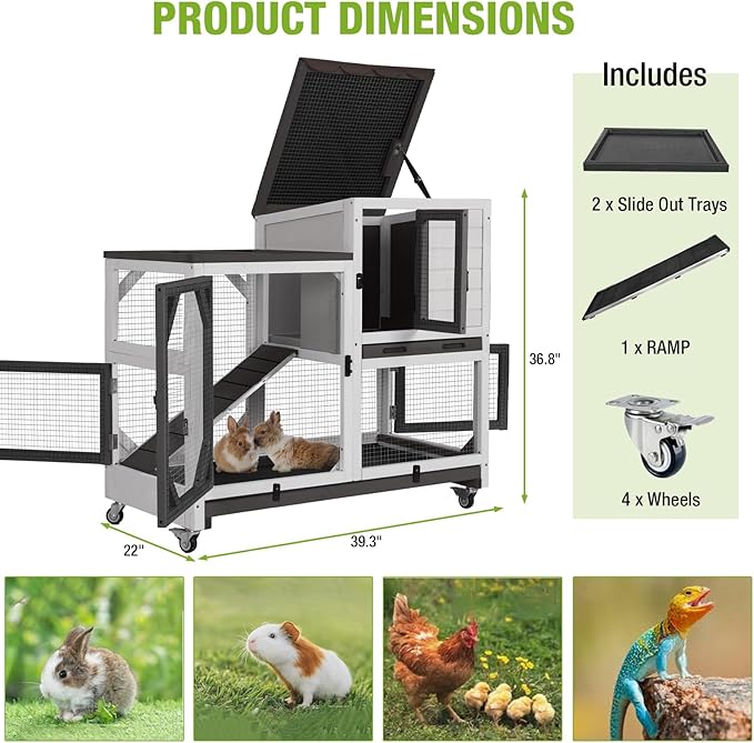 Gutinneen 2-Story Rabbit Hutch Bunny cage Wooden Rabbit Cage Indoor/Outdoor with Chew-Proof Ramp, 2 Leak-Proof Pull-Out Trays, Lockable Wheels for Rabbits, Guinea Pigs, Small Animals (Black and White)