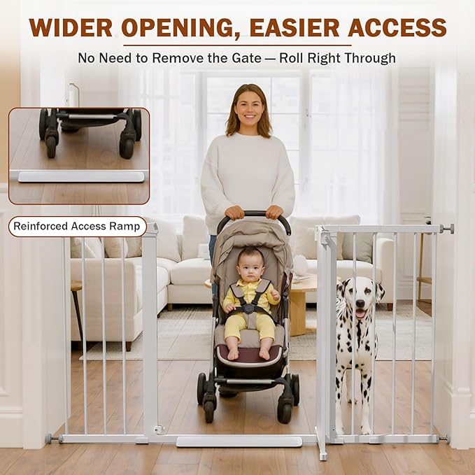 Mumeasy 29.7-57" Extra Wide Baby Gate, Auto Close Large Dog Gate for Doorways, No Drilling Pressure Mounted Pet Safety Gate for Stairs, Easy Walk Through Child Gate for Hallways, House, Indoor, White