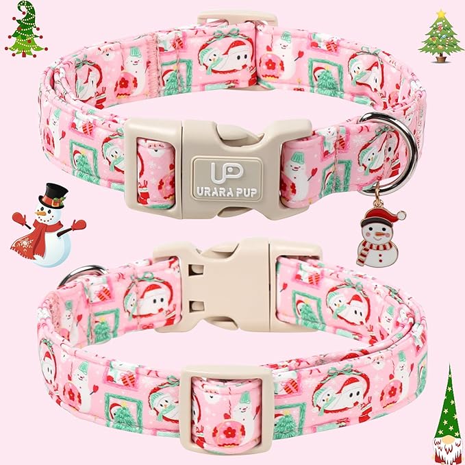 Christmas Dog Collars - Lovely Pink Snowman and Lantern Print Dog Collar - Lightweight, Adjustable Collar for Small to Large Dogs M