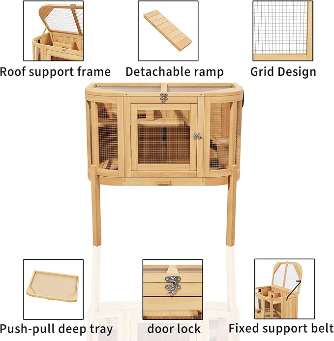 Wooden Hamster Cages with Stand, Deep Pull-Out Tray, Hamster Cage and Habitat with Locking Mechanism, Chew-Proof Guinea Pig Cage, Hamster House (Natural Wood)