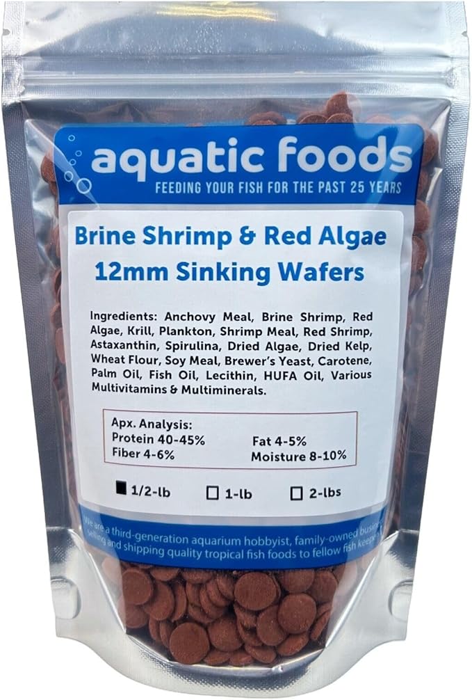 Aquatic Foods Inc. 12mm - 1/2" Brine Shrimp & Red Algae Color Enhancing Sinking Wafers for Shrimp, Snails, Crabs, Plecos, Catfish. Bottom and All Tropical Fish...WL…1/2-lb Foil Pouch Bag