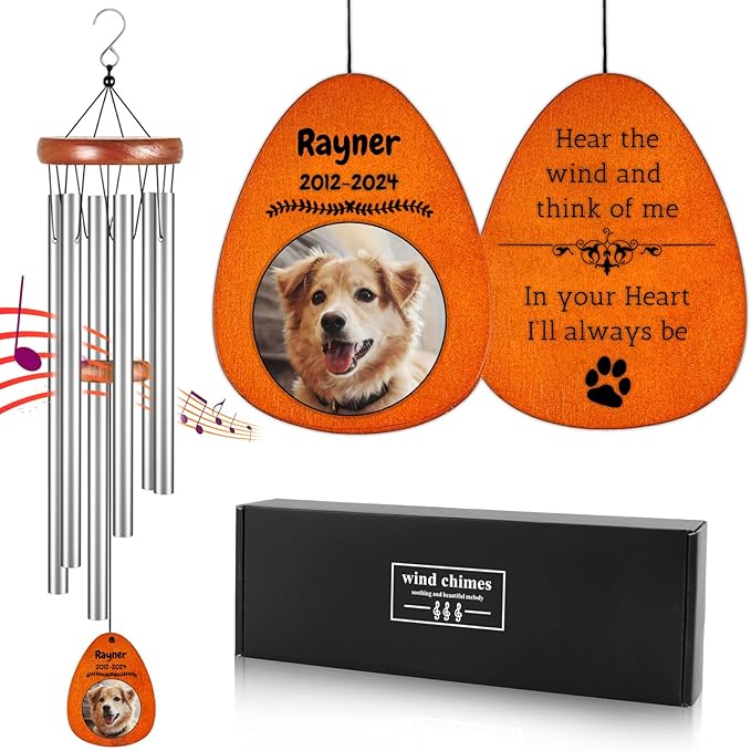 Personalized Dog Memorial Gifts for Loss of Dog - Custom Sympathy Wind Chime with Photo & Name, 26"/32"/36" Outdoor Bereavement Keepsake for Garden or Patio(Silver)