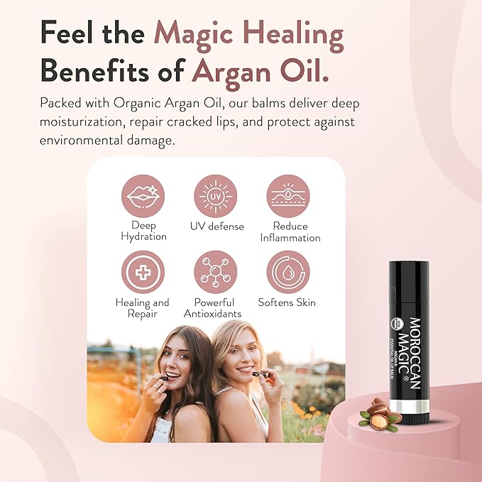 Moroccan Magic Organic Lip Balm 5 Piece Variety Pack Gift Set | Ultra-Hydrating Argan & Essential Oil Lip Moisturizer + Vitamin E | Smooth | Natural | Non-Toxic | Cruelty Free | 5 Pack