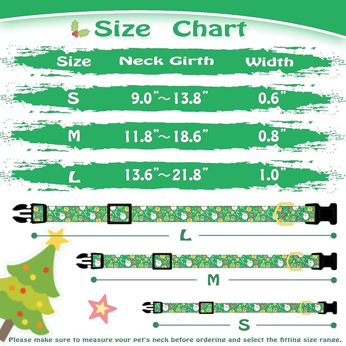 Green Christmas Dog Collar - Soft Adjustable, Special Design with Christmas Trees Charm for Small, Medium & Large Dogs