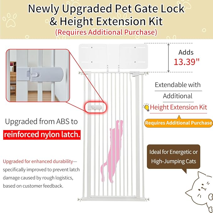 Lumizone Extra Tall Cat Gate 55.12" High Pressure Mounted Extra Wide 2025 New (17 Sizes) 1.37" Gap No Drilling Auto-Close One-Handed Operation Tall Pet Gate for Dogs(White, 55.12" H x 80.12"-84.44" W)