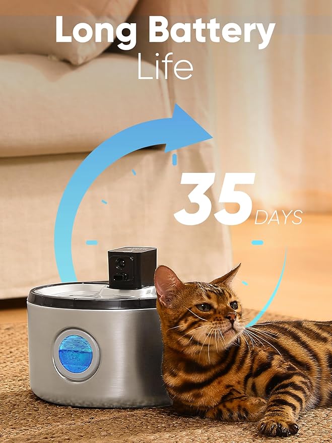 FUKUMARU Wireless Cat Water Fountain, 2025 Upgraded 152oz/4.5L Stainless Steel Battery Operated Dog Water Dispenser, Cordless Automatic Pet Fountain with 3 Modes, Hydrate for up to 15 Days