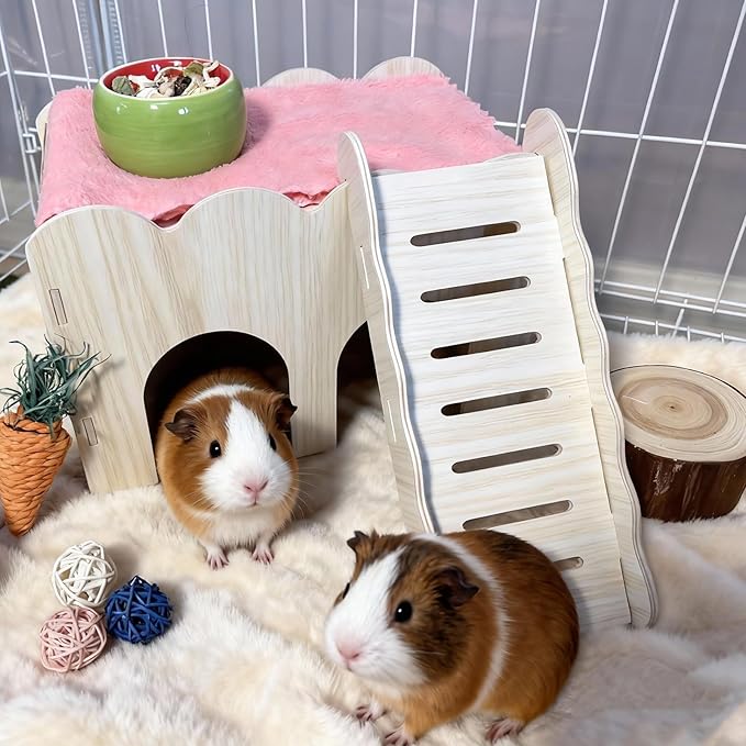 Guinea Pig Hideout Hamster Wood House Maze Platform Detachable Accessories with Ladder for Rat Hamster Squirrel Gerbil Sugar Glider (Guinea Pig Wooden House)