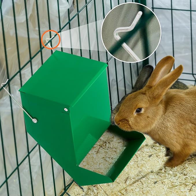 Maxcheck 4 Pcs Rabbit Feeder for Cages Small Animal Food Dispenser with Lid Metal Rabbit Feeders Outside for Guinea Pig(4.7 Inches,Green)