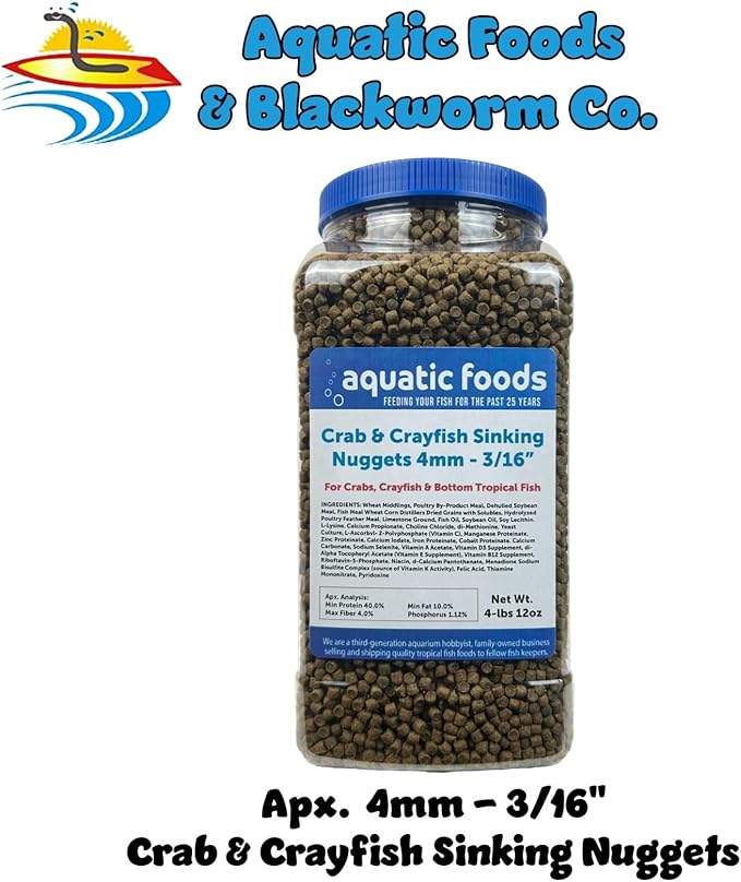 Aquatic Foods Inc. Crab & Crayfish 4mm-3/16 Sinking 40% Protein Nuggets for Crabs, Crayfish, Axolotl, Salamanders, Snails, All Bottom Tropical Fish... 4-lbs 12oz Jar