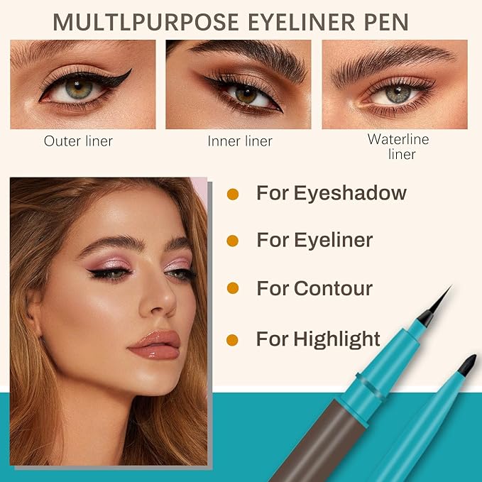 Waterproof Liquid Eyeliner and Contour Stick 2-in-1|Under Eye Highlighter Stick & Stay All Day Makeup with Fine Brush|Smudge-Proof, Transfer-Proof(02Brown & Dark Brown)
