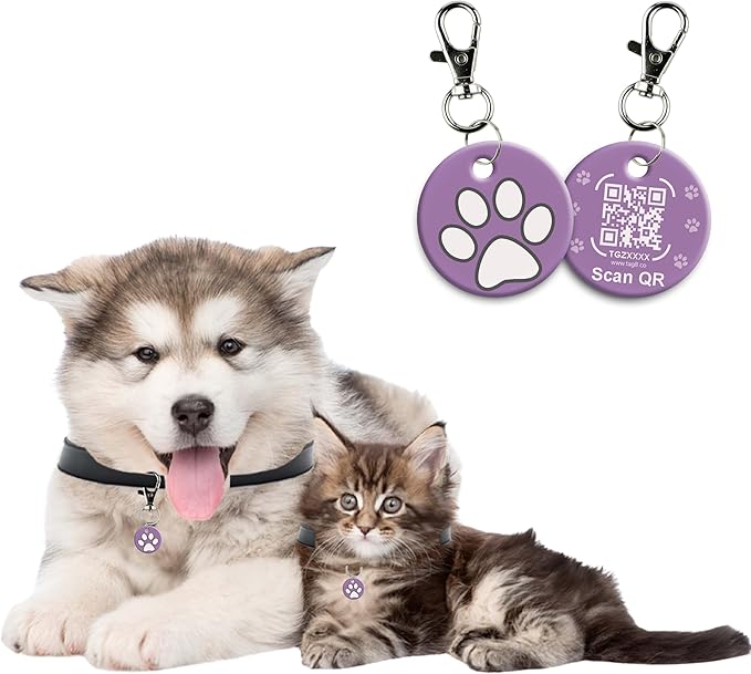 tag8 QR Code ID Tag for Dogs & Cats, Real-Time Scan Alerts, Online Pet Info Access, No Subscription or Fees, Durable Pet Tag for Collars - Purple