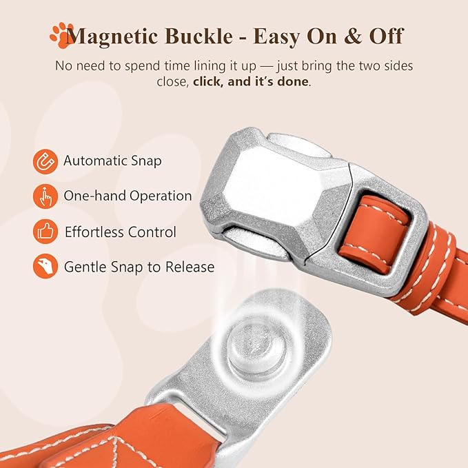 Magnetic Quick-Release Buckle Dog Harness and Leash Set, Easy Walk Faux Leather Puppy Harness and Leash, Easy On & Off Dog Vest for Small, Medium, Large Girl Boy Dogs for Training, Orange,S