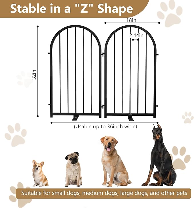 Full Metal Dog Gate for Indoor Outdoor, 32" Tall Free Standing Pet Dog Fence, 36" Wide Arched Pet Gates for Stairs, Hallways, Doorways, Kitchen, Decks, Yards (Black, 2 Panels)