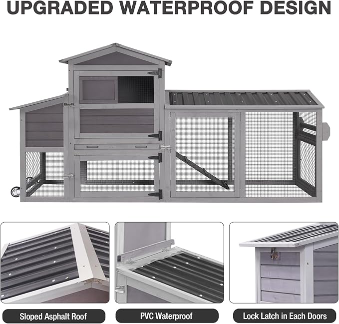 Chicken Coop with Run Large Hen House on Wheels Chicken House Poultry Cage with Nesting Box, Leakproof Pull-Out Tray, Waterproof Roof for 4-6 Chickens (Grey, 80.6" L x 26.6" W x 42.4" H)
