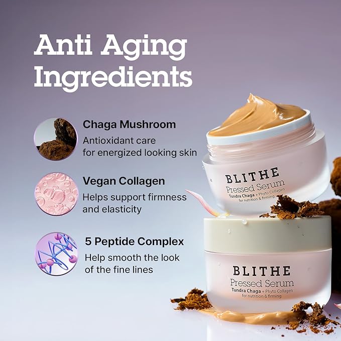 BLITHE Pressed Serum Tundra Chaga With Peptide & Collagen | Korean Moisturizer | Anti Aging Cream & Skin Tightening Cream for Face | Formula for an Instant Face Lift, 1.68 fl oz