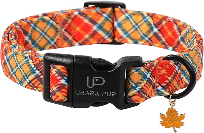 Autumn Plaid Dog Collar – Adjustable Orange Tartan Dog Collar with Fall Leaf Charm, Cozy Fall Vibes Orange Yellow Grid Puppy Collars for Small/Medium/Large Dogs