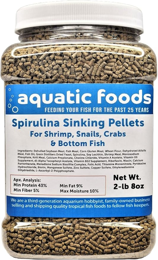 Aquatic Foods Inc. Spirulina Sinking Pellets for Shrimp, Snails, Crabs, Catfish, Plecos for All Tropical Fish 1/16" x 3/8" Pellets by Zeigler…2-lb 8oz Med Jar