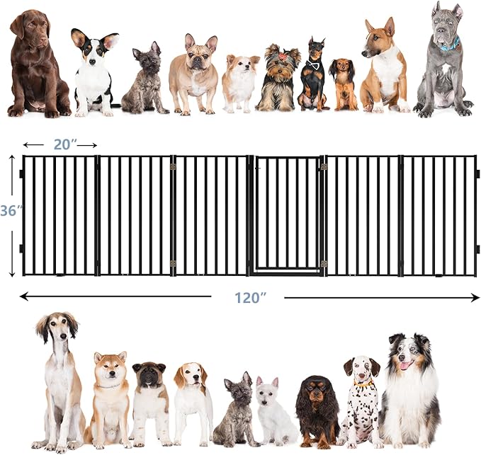 Free Standing Dog Gates with Door 36" Tall Use for Indoor Outdoor Stairs, Freestanding Dog Fence for Doorways Extra Wide, Metal Black 6 Panels