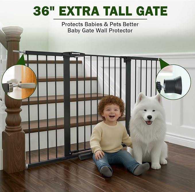 Mumeasy 36" Extra Tall Baby Gate for Doorways, 29.7"-57" Extra Wide Dog Gate for Stairs, Pressure Mounted Auto Close Pet Safety Gate with Easy Walk Thru Door, Large Indoor Child Gate for House, Black