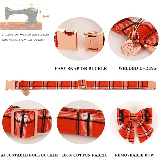 DOGWONG Fall Plaid Dog Collar with Removable Cute Bow Tie Adjustable Pet Collars, Soft Comfy Orange Plaid Pet Collar - Fall Dog Collar for Small Medium Large Dogs