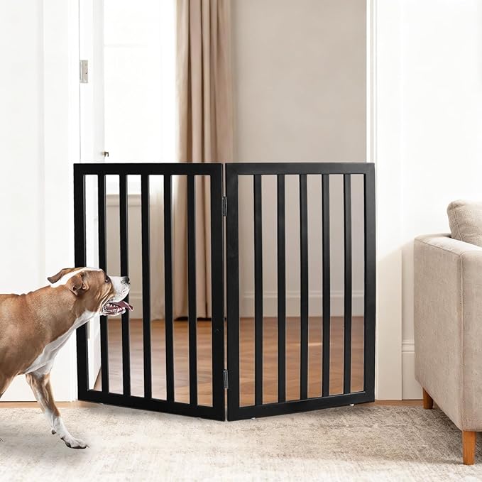 ZJSF Freestanding Indoor Dog Gate for House Foldable Wood Black Puppy Gate for Doorways Pet Gate for Stairs Extra Wide Pet Fence 32" Height 2 Panels