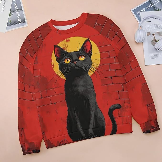 Halloween Sweatshirts for Women Black Cat Print Pullover Crewneck Oversized 2024 Fall Fashion Casual Warm Shirt