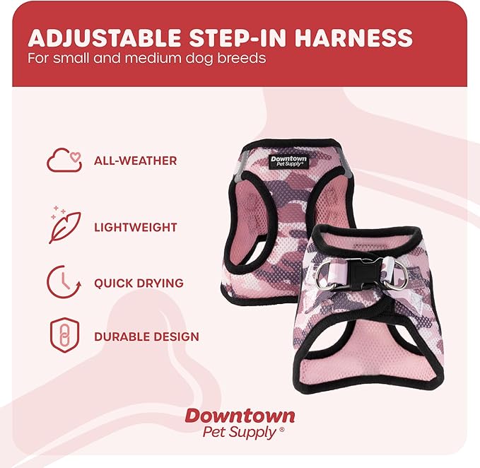 Downtown Pet Supply Step-in Dog Harness – No Pull, Adjustable Padded Mesh with Reflective Trim, Secure Buckle Strap – Comfortable & Breathable Small Dog Harness, Medium, Pink Camo