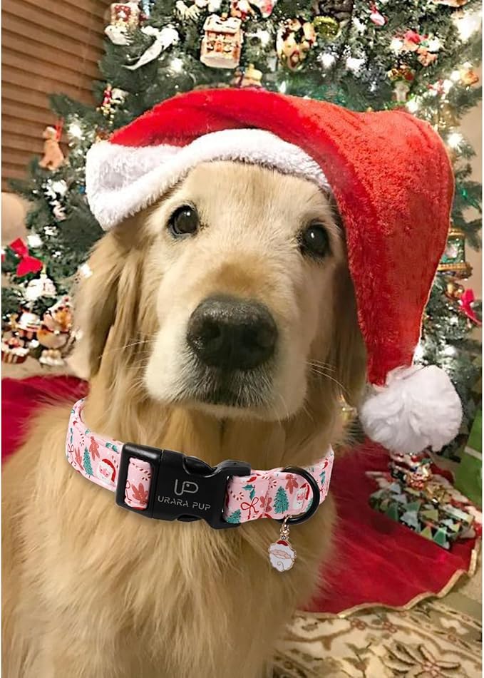 Xmas Dog Collars - Pink Christmas Tree & Santa Dog Collar with Gingerbread- Comfortable, Stylish Pet Collars with Quick Release Buckle for Christmas L