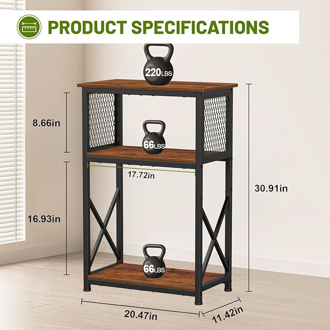 Snughome 10 Gallon Aquarium Stand with Storage, 3 Tier Heavy Metal Fish Tank Stand Shelf 20.47" x 11.42" x 30.91", Rustic Brown