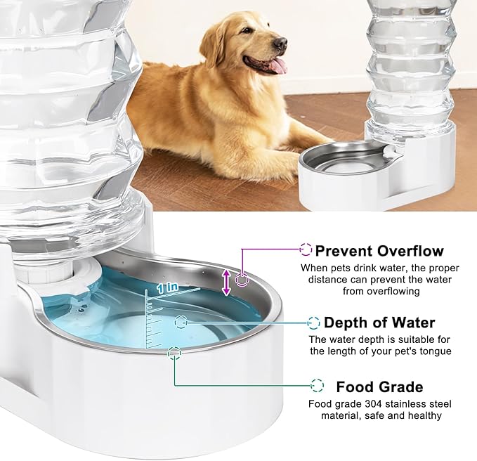 RIZZARI Large Gravity Water Dispenser: 8L Automatic Stainless Steel Dog Water Feeder with Specialized Brush and Triple Filter for Senior Pets with Spinal Problems - for Kitchen Living Room