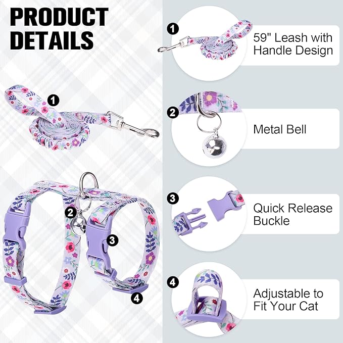 BEAUTYZOO Cat Harness and Leash Set Escape Proof for Walking, Kitten Soft Adjustable Vest Harnesses for Small Medium Large Cats, Easy Control Breathable Plaid Ribbon Nylon for Outdoor Indoor Use