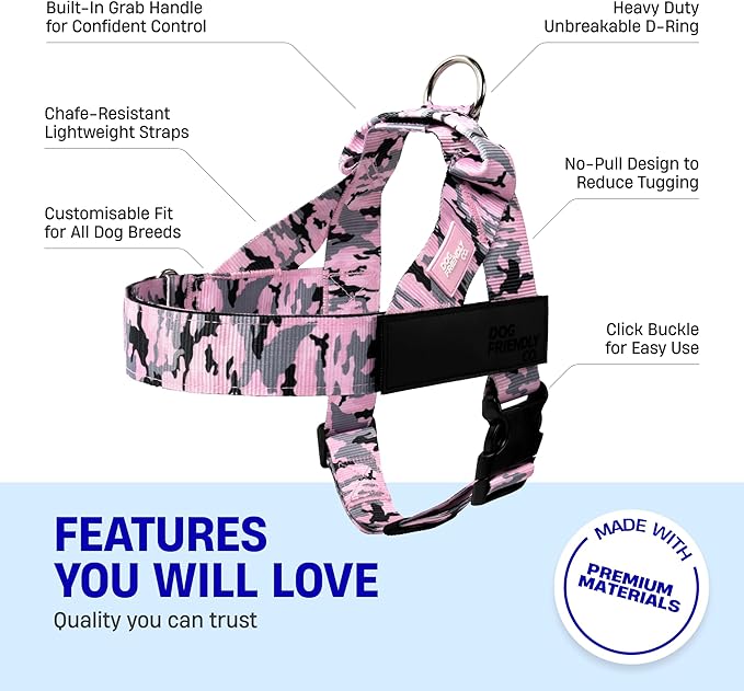 DF Co. Dog Harness | Chafe Resistant Webbing, Adjustable Neck & Chest, and Heavy Duty D-Ring | Sturdy, Comfortable, Easy to Use | Pink Camo, Size XXS