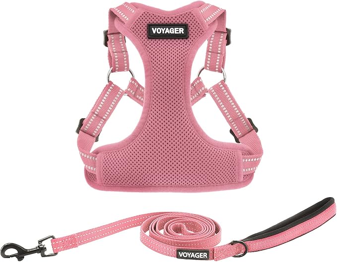 Best Pet Supplies Voyager Mesh Dog Breathable Harness Reflective Stitching, All Weather Adjustable for Walking Training, or Running - Heavy Duty & Durable, Harness Leash Set (Pink), XL